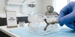 An oral appliance or mouth guard designed for mandibular advancement.