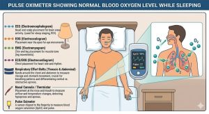 Pulse oximeter showing normal blood oxygen level while sleeping