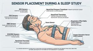Sleep study sensors measuring respiratory disturbance index and breathing patterns