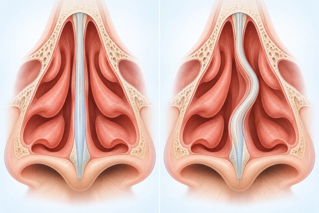 A centered septum leaves two relatively open passages; a deviated septum can narrow one side of the nose.
