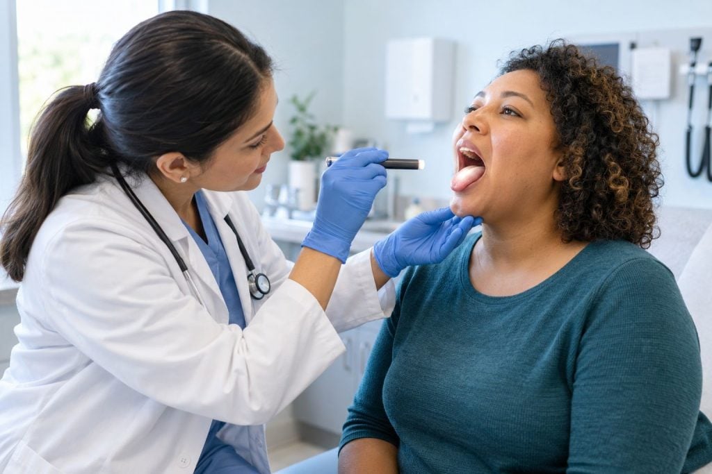 An oral airway examination can identify risk clues but a sleep study is needed for diagnosis