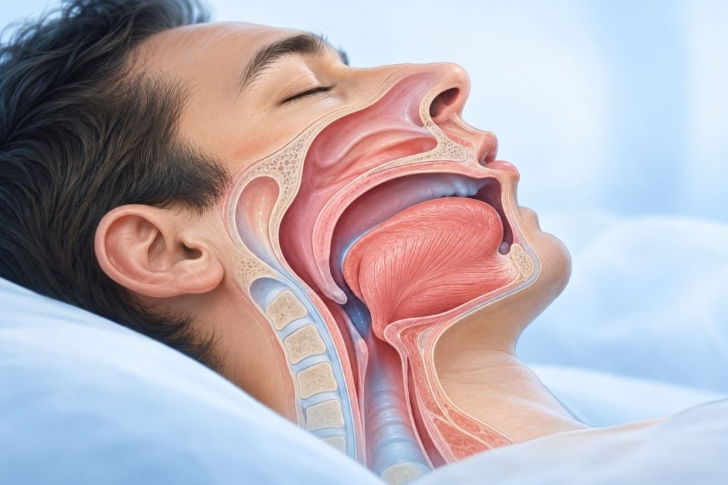 During sleep, a relaxed tongue can shift backward and narrow an already crowded upper airway.