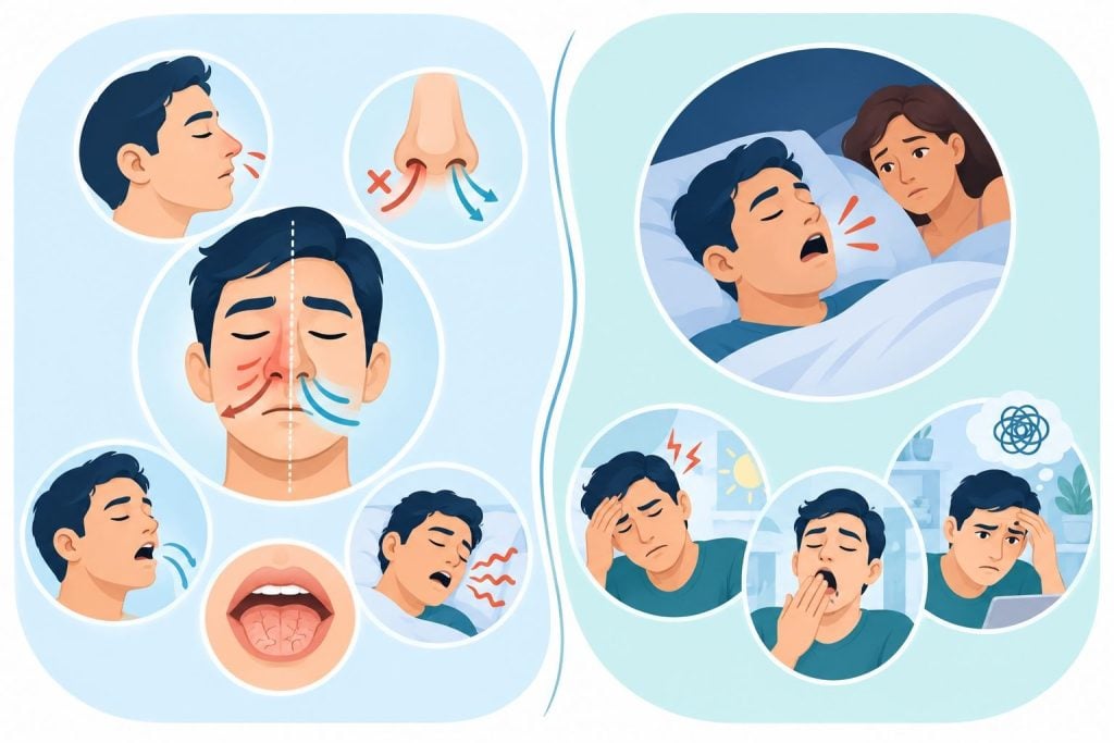 Nasal blockage can disrupt sleep but breathing pauses gasping and daytime sleepiness raise greater concern for sleep apnea