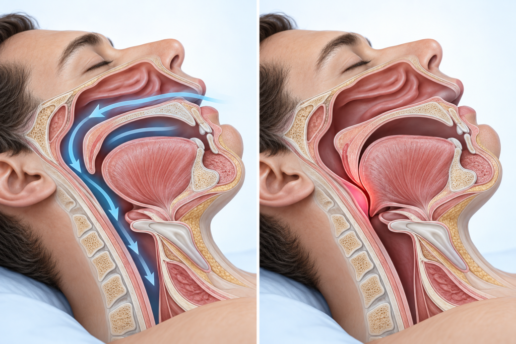 Obstructive sleep apnea occurs when relaxed upper-airway tissues narrow or block airflow during sleep.