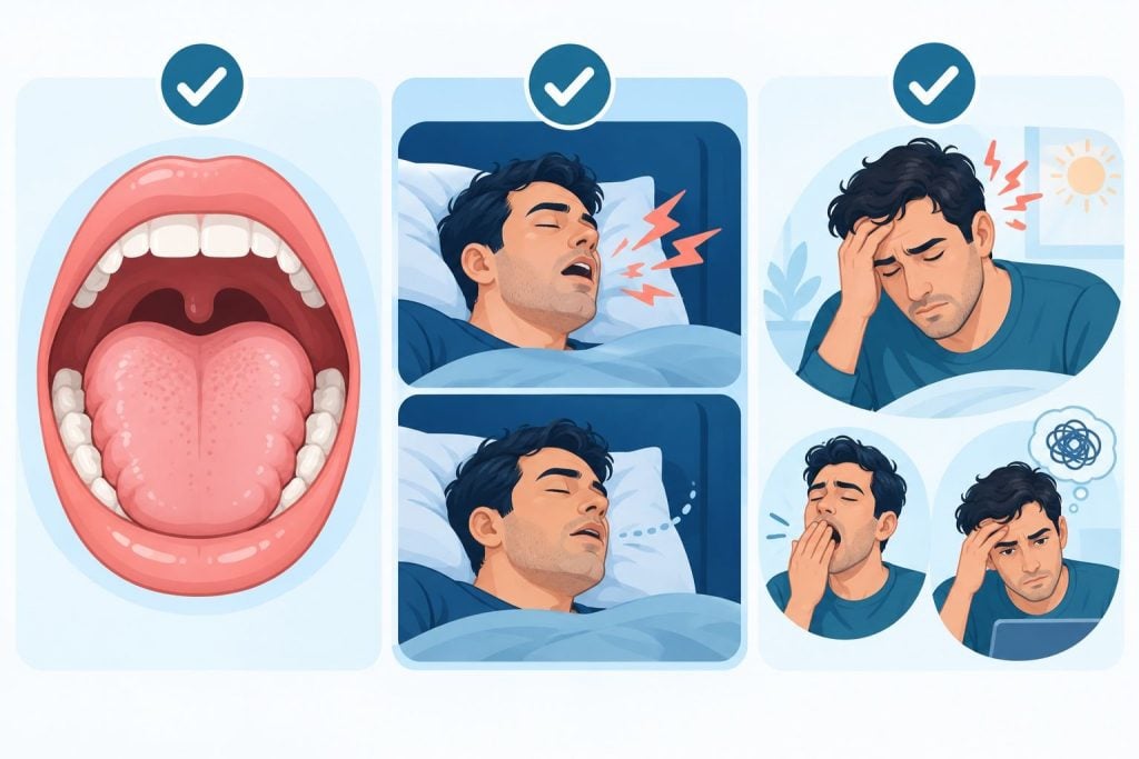 Oral findings matter most when they appear with nighttime breathing problems and daytime symptoms