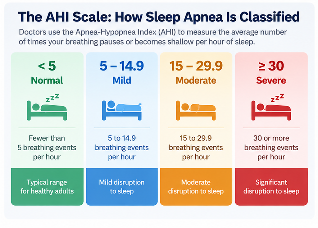 Adult apnea–hypopnea index (AHI) severity ranges.