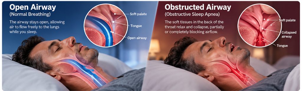 How narrowing of the upper airway can restrict breathing during sleep.